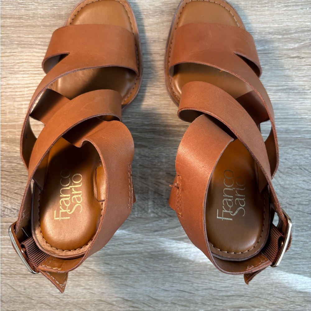 Franco Sarto Tan Heeled Sandals with Strappy Design